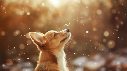 Corgi puppy catching snowflakes in the park during the day, close-up. Domestic pet on a walk. Puppy playing outdoors, blurred background. Muzzle of a small cute dog. First snow
