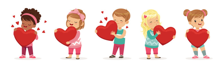 Cute Little Boy and Girl with Red Heart Feel Love Vector Set