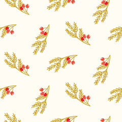 Fototapeta premium Seamless pattern with Christmas yew berry branches on isolated background. Hand drawn design for Winter, Christmas and New Year celebration, for paper crafts or home decor, holiday greetings.