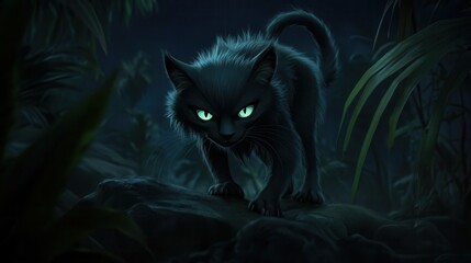 Mysterious black cat prowling at night in mystical