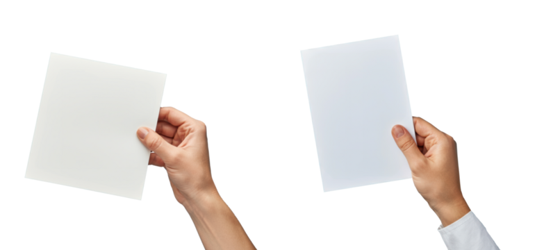Two hands holding translucent sheets of paper against a plain white background, showcasing transparency and texture in the materials - Powered by Adobe