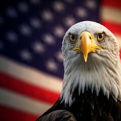 Naklejka premium а majestic bald eagle gazes intently with its piercing yellow eyes, set against the backdrop of a blurred American flag 