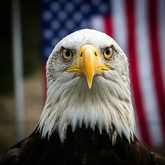 Obraz premium а majestic bald eagle gazes intently with its piercing yellow eyes, set against the backdrop of a blurred American flag 