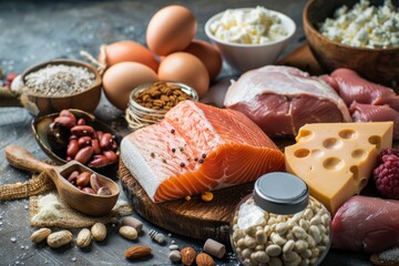 Healthy eating concept with different types of food rich in protein, vitamins and good animal and vegetal fats