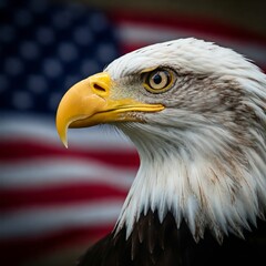  а majestic bald eagle gazes intently with its piercing yellow eyes, set against the backdrop of a blurred American flag
