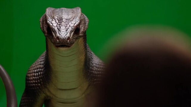 A reptilian is talking to a man on a green background