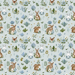 Obraz premium Cute bunnies and wildflowers seamless pattern in pastel tones