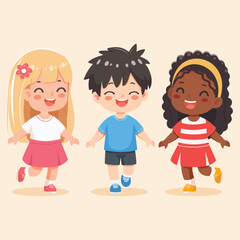Smiling international kids playing and running together. Poster, Banner, Flyer, Greeting Card. Cartoon character in flat design style isolated. Vector illustration