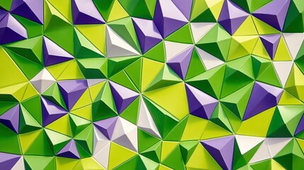 Abstract geometric background with green, purple, and white triangle shapes.