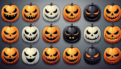  Set of spooky Halloween icons featuring creepy jack o lantern faces isolated on a solid bac_1(1593)