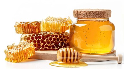 Fresh Honeycomb with Jar of Golden Honey and Wooden Honey Dipper on White Background