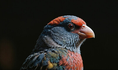A red-and-blue bird with a dark background looks to the right, perched in a forest