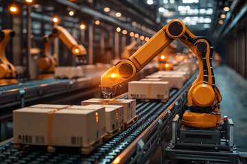 Naklejka premium a conveyor belt system with multiple robotic arms sorting packages in a logistics warehouse.