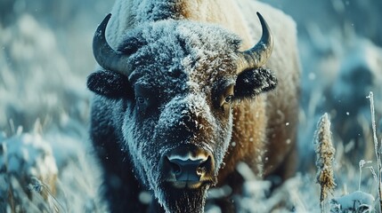 Close-up of a bison covered in snow looking at the camera in a winter scene.