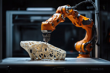 a robotic arm operating a 3D printer, creating complex parts in real time.