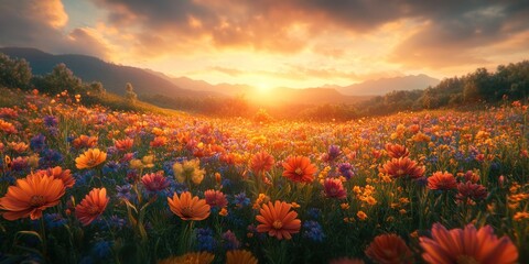 A field of wildflowers glows with warm light during a scenic sunset.