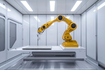 an advanced robotic arm delicately handling small electronic components in a cleanroom environment.