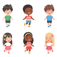 Set of smiling international kids playing and running together on white background. Poster, Banner, Flyer, Greeting Card. Cartoon character in flat design style isolated. Vector illustration