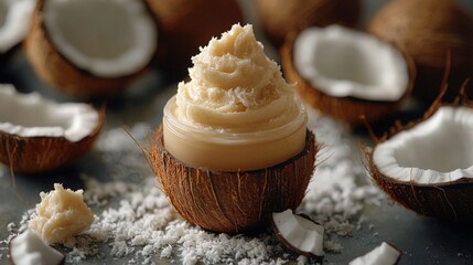 Creamy coconut butter displayed in a natural coconut shell with flakes around