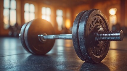 Close up of a black barbell on a rubber gym floor.