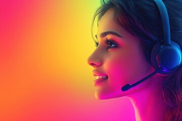 customer service representative, indian customer service rep in profile, talking on headset, with professional gradient banner creating space for text