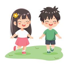 Smiling international kids playing and running together on white background. Poster, Banner, Flyer, Greeting Card. Cartoon character in flat design style isolated. Vector illustration