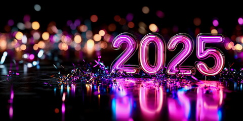 Neon "2025" sign glowing in vibrant colors, with confetti and fireworks around for New Yearâ€™s Eve excitement