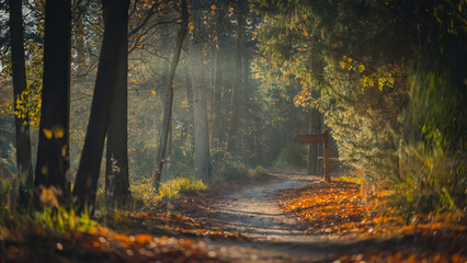 Obraz premium A peaceful forest path lined with fallen leaves, bathed in morning sunlight through towering trees, ideal for a calming run or bike ride in nature.