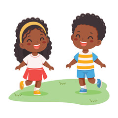 Smiling international kids playing and running together on white background. Poster, Banner, Flyer, Greeting Card. Cartoon character in flat design style isolated. Vector illustration
