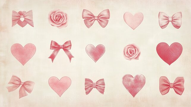 Vintage pink hearts and bows pattern with roses