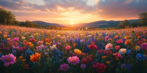 Obraz premium Vibrant wildflowers bloom in a field at sunset, creating a picturesque landscape.