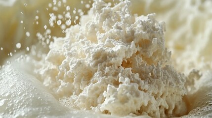 Close up of creamy, frothy milk with splashing droplets.