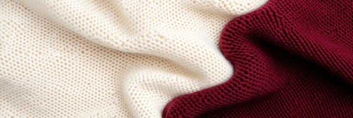 Close-up view of elegant fabric texture in rich burgundy and soft beige under warm lighting