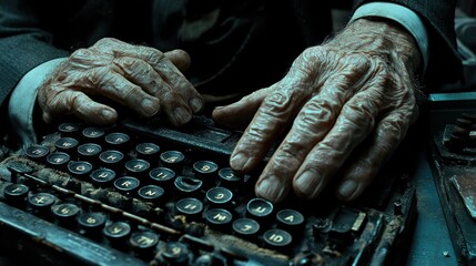 Fototapeta premium Close up of elderly hands typing on a vintage typewriter.
