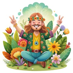 playful cartoon illustration of a hippie man with long hair, peace signs, and floral background