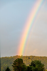 Vivid rainbow over forested hills with contrasting light and colors