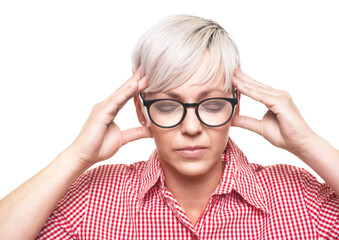 Front view adult woman suffering from headache, isolated on white background. Exhausted middle aged woman.