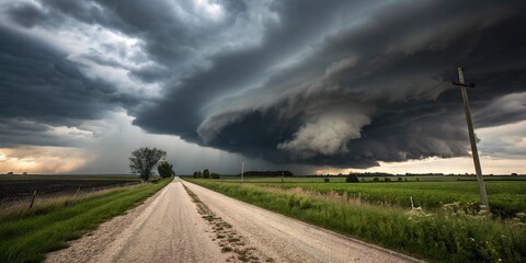 Bedrohlicher Sturm &uuml;ber l&auml;ndlicher Stra&szlig;e mit dramatischer Wolkenfront
