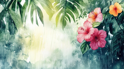 Watercolor illustration of tropical rainforest with hibiscus flowers and rain