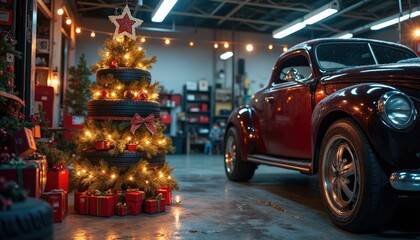 Tire rim Christmas tree in an auto shop setting, bringing holiday cheer with a unique twist for auto repair clients and car lovers alike.