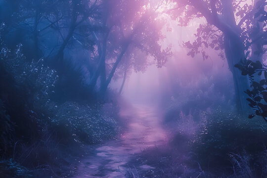 Misty forest path bathed in the soft light of dawn