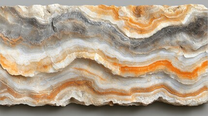 Fototapeta premium Close-up of a banded, layered, orange, grey, and white stone.