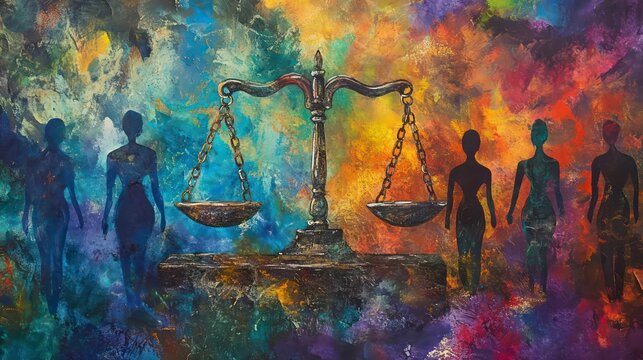 An abstract oil painting of a scale of justice surrounded by six female silhouettes. The background is a rainbow of colors.