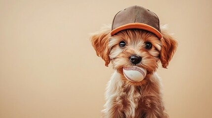 Adorable Puppy Wearing Baseball Cap Holding Ball in Mouth on Tan Background