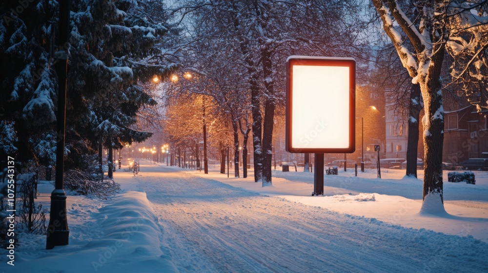 Leinwandbilder a blank billboard is placed along a snow-covered path through a park at night. streetlights line the
