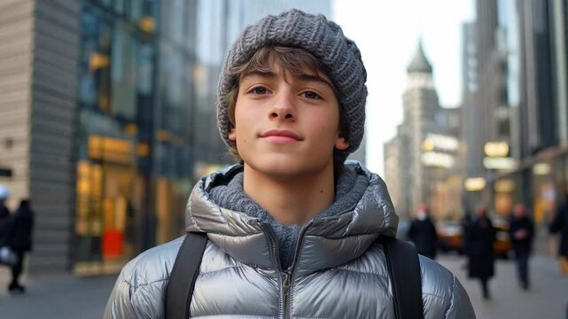 A young boy wearing a gray beanie and puffer jacket smiles in a bustling city street during early evening