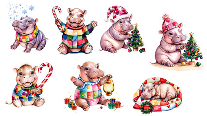 Baby Hippo Christmas Watercolor Clipart Set with Transparent Background