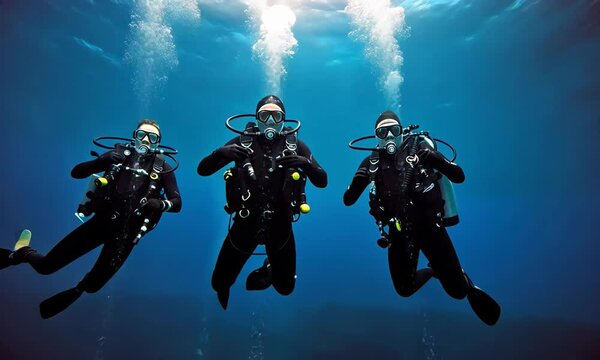 divers in the ocean, underwater sport active recreation in the deep ocean. Group of divers depth bubbles dive