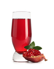 Glass of fresh pomegranate juice on white background
