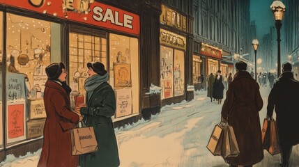 Bustling Black Friday shopping street with holiday lights and sales